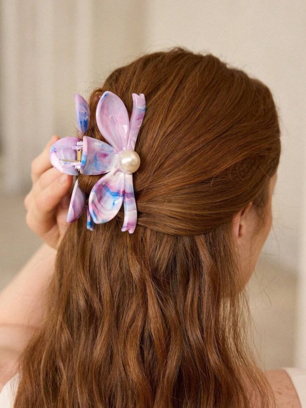 Purple Marble Flower Claw Clip with Pearl Center